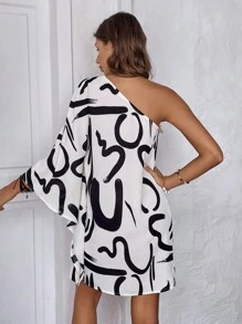 SHEIN Clasi 圖案印花單肩蝙蝠袖連衣裙 - 白色 - 查看 2