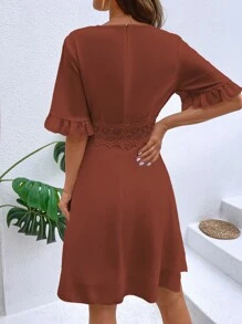 SHEIN VCAY Guipure Lace Panel Flounce Sleeve Dress - Rust Brown - View 2