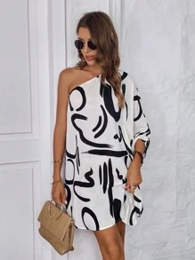 SHEIN Clasi 圖案印花單肩蝙蝠袖連衣裙 - 白色 - 查看 3