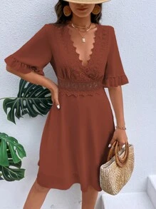SHEIN VCAY Guipure Lace Panel Flounce Sleeve Dress - Rust Brown - View 3