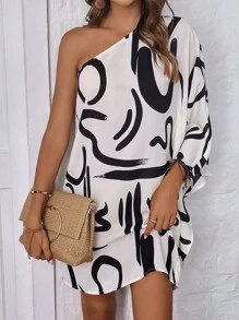 SHEIN Clasi 圖案印花單肩蝙蝠袖連衣裙 - 白色 - 查看 4