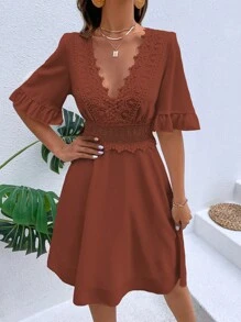 SHEIN VCAY Guipure Lace Panel Flounce Sleeve Dress - Rust Brown - View 5