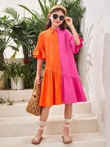 SHEIN Cô gái Tween Hai âm tay áo lá sen Xù Hoa Sen Váy Smock - Nhiều màu - Xem 1