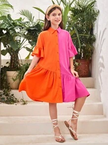 SHEIN Cô gái Tween Hai âm tay áo lá sen Xù Hoa Sen Váy Smock - Nhiều màu - Xem 3