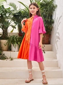 SHEIN Cô gái Tween Hai âm tay áo lá sen Xù Hoa Sen Váy Smock - Nhiều màu - Xem 4