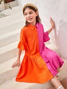 SHEIN Cô gái Tween Hai âm tay áo lá sen Xù Hoa Sen Váy Smock - Nhiều màu - Xem 5