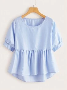 SHEIN LUNE Áo sơ mi nữ Cao thấp Viên lá sen Sọc Dễ thương - Xanh và trắng - Xem 1
