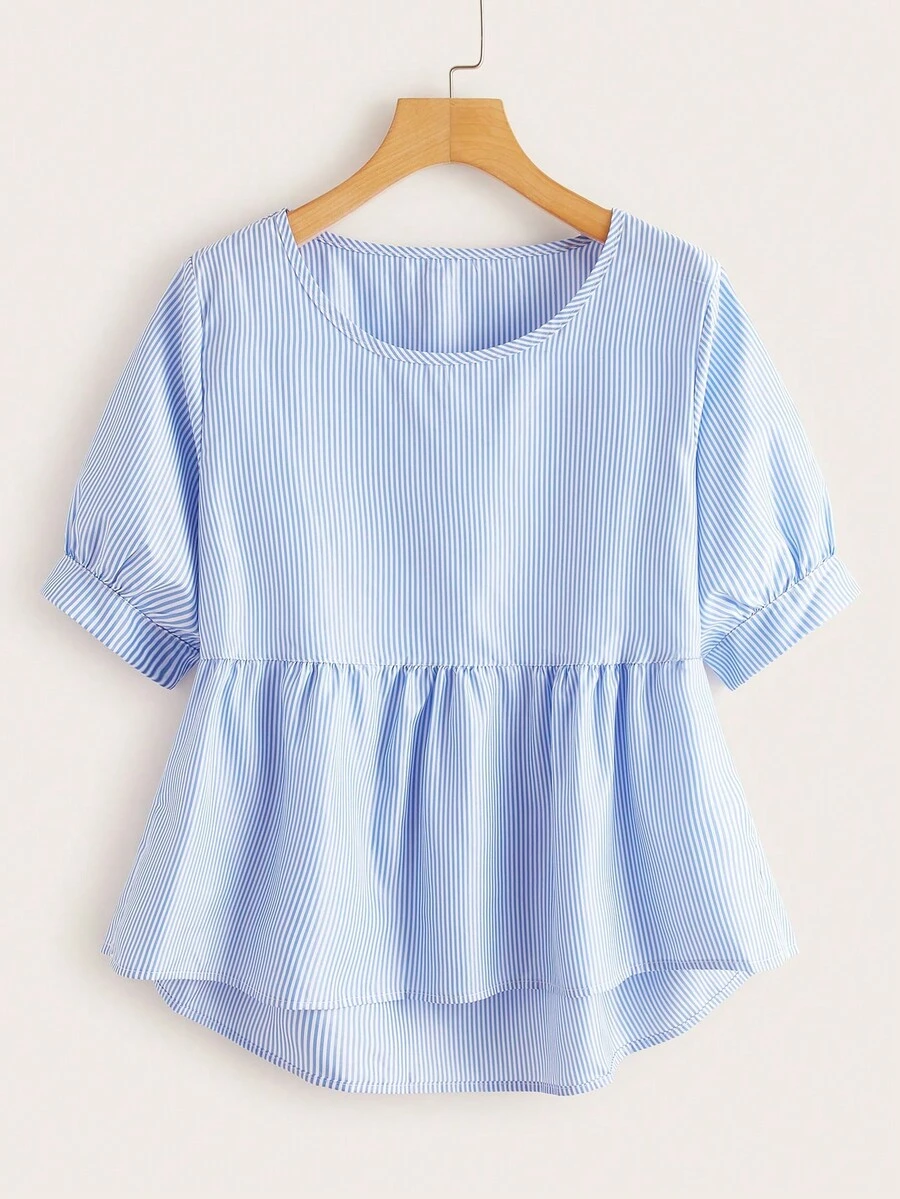 SHEIN LUNE Áo sơ mi nữ Cao thấp Viên lá sen Sọc Dễ thương - Xanh và trắng - Xem 1