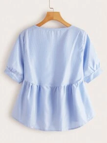 SHEIN LUNE Áo sơ mi nữ Cao thấp Viên lá sen Sọc Dễ thương - Xanh và trắng - Xem 2