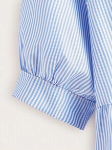 SHEIN LUNE Áo sơ mi nữ Cao thấp Viên lá sen Sọc Dễ thương - Xanh và trắng - Xem 4