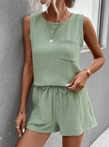 SHEIN LUNE Bộ đồ hai mảnh nữ Dây kéo Thắt nút Túi màu trơn Giải trí - Màu xanh Bạc hà - Xem 5