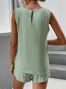 SHEIN LUNE Bộ đồ hai mảnh nữ Dây kéo Thắt nút Túi màu trơn Giải trí - Màu xanh Bạc hà - Xem 2