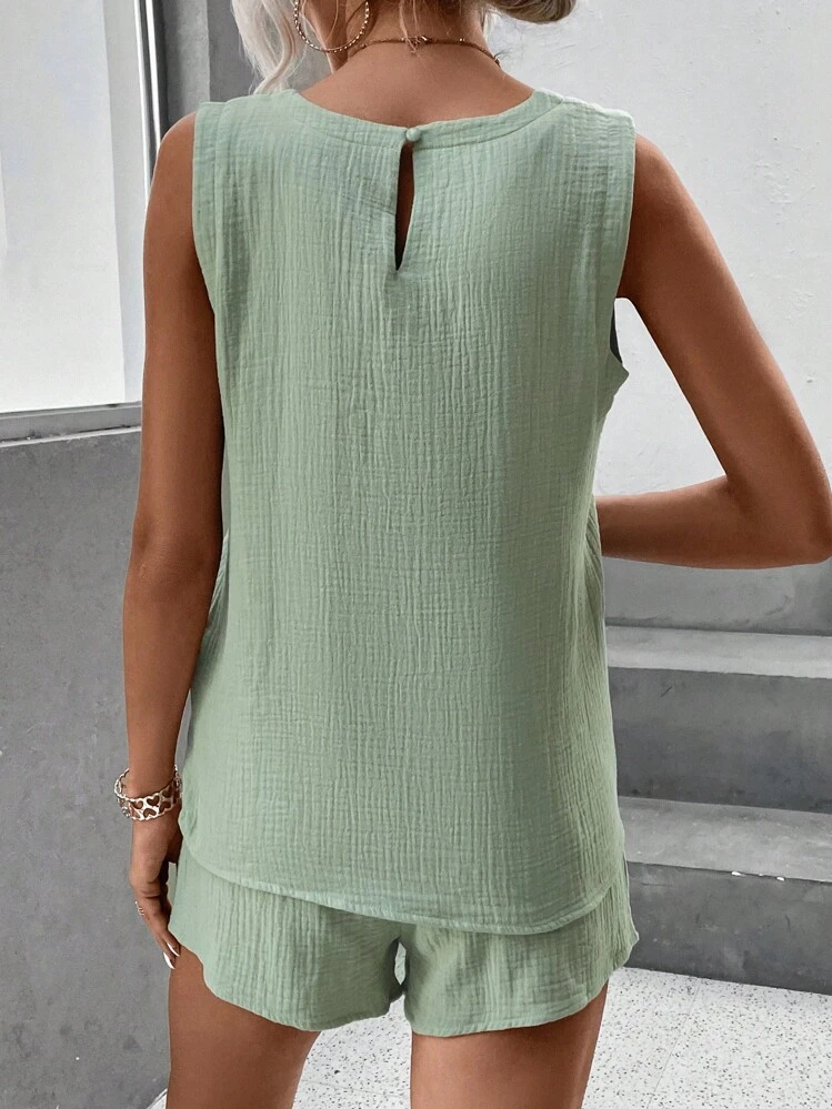 SHEIN LUNE Solid Pocket Patched Tank Top & Shorts - Mint Green - View 2