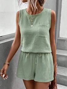 SHEIN LUNE Bộ đồ hai mảnh nữ Dây kéo Thắt nút Túi màu trơn Giải trí - Màu xanh Bạc hà - Xem 1