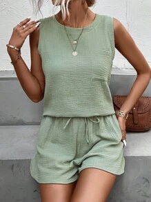 SHEIN LUNE Bộ đồ hai mảnh nữ Dây kéo Thắt nút Túi màu trơn Giải trí - Màu xanh Bạc hà - Xem 6