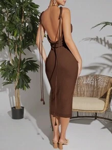 SHEIN VCAY Đầm Lộ Lưng Vắt Thắt nút màu trơn Gợi cảm - Màu nâu Sô-cô-la - Xem 1