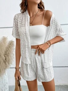 SHEIN LUNE 素色拉鏈開襟夾克和紙袋腰短褲 - 白色 - 查看 5
