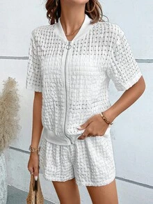 SHEIN LUNE 素色拉鏈開襟夾克和紙袋腰短褲 - 白色 - 查看 6