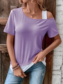 SHEIN LUNE 不对称领口 T 恤 图案 T 恤 女士上衣 - 紫丁香色 - 查看 1