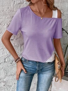 SHEIN LUNE 不对称领口 T 恤 图案 T 恤 女士上衣 - 紫丁香色 - 查看 3