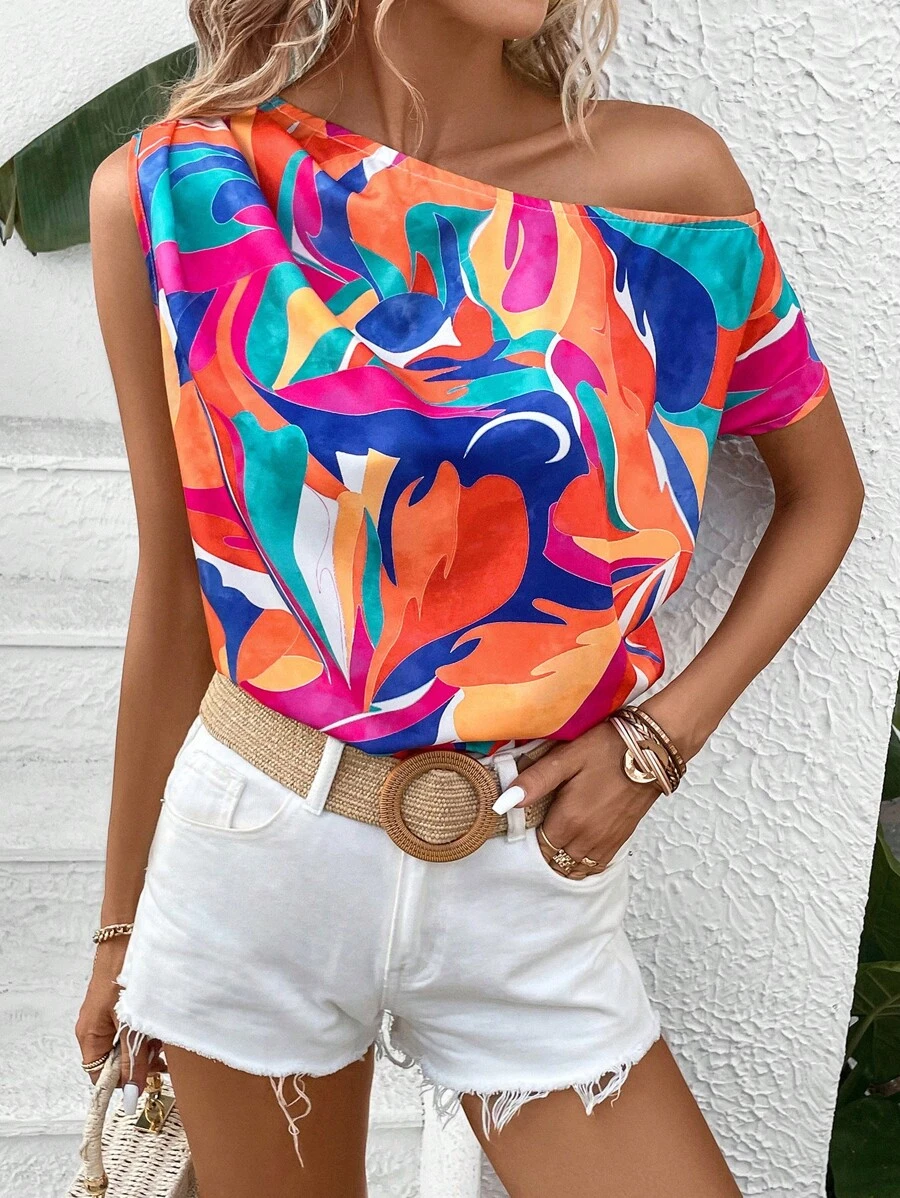 SHEIN LUNE Allover Print Asymmetrical Neck Batwing Sleeve Blouse - Multicolor - View 1