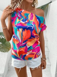 SHEIN LUNE Allover Print Asymmetrical Neck Batwing Sleeve Blouse - Multicolor - View 3