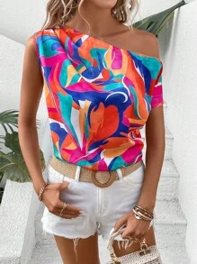 SHEIN LUNE Allover Print Asymmetrical Neck Batwing Sleeve Blouse - Multicolor - View 4