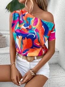 SHEIN LUNE Allover Print Asymmetrical Neck Batwing Sleeve Blouse - Multicolor - View 6