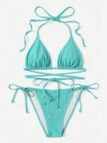 SHEIN Swim Conjunto de bikini con tiras laterales en triángulo sólido para verano, playa y vacaciones - verde menta - Ver 1