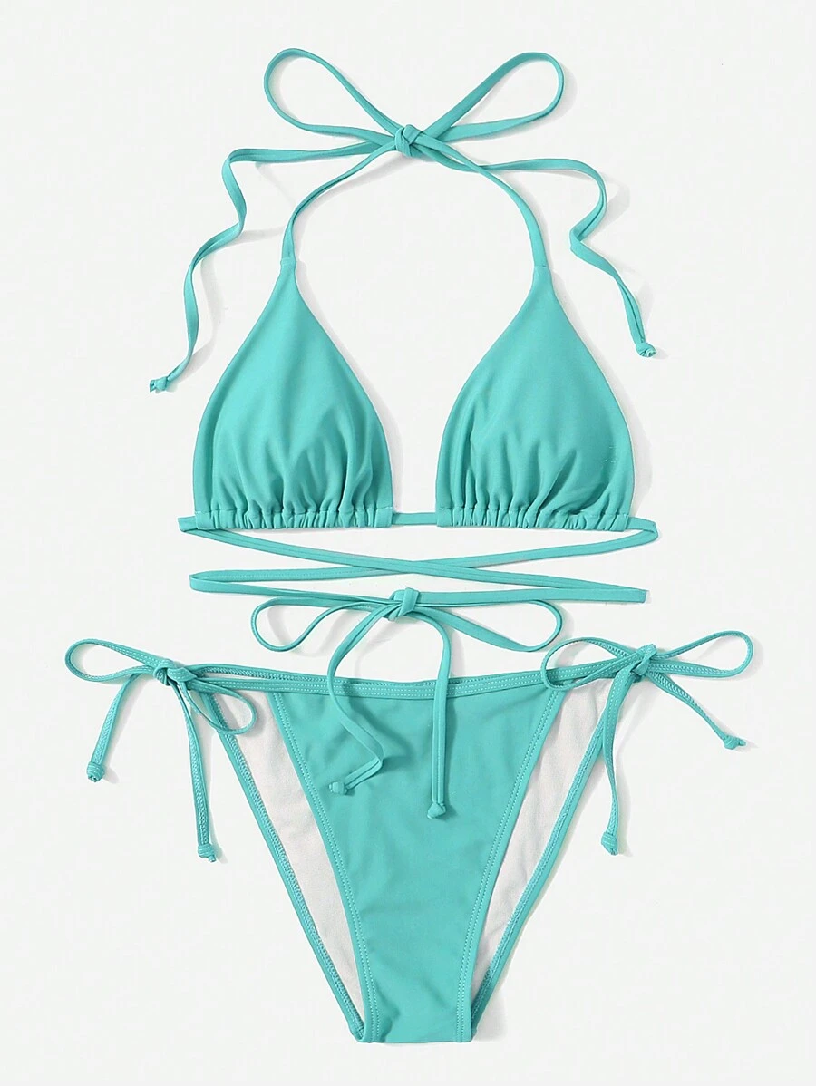 SHEIN Swim Conjunto de bikini con tiras laterales en triángulo sólido para verano, playa y vacaciones - verde menta - Ver 1
