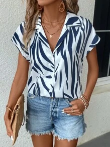 SHEIN LUNE 滿版印花蝙蝠袖襯衫 - 藍白色 - 查看 3