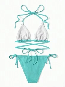 SHEIN Swim Conjunto de bikini con tiras laterales en triángulo sólido para verano, playa y vacaciones - verde menta - Ver 2