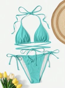 SHEIN Swim Conjunto de bikini con tiras laterales en triángulo sólido para verano, playa y vacaciones - verde menta - Ver 5