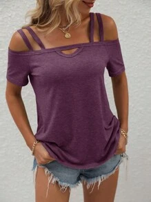 SHEIN LUNE Cold Shoulder Cut Out Tee - Purple - View 1