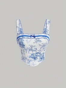 SHEIN MOD Figure & Tree Print Bow Front Wide Straps Top - Blue and White - View 1