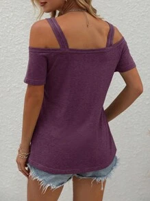 SHEIN LUNE Cold Shoulder Cut Out Tee - Purple - View 2