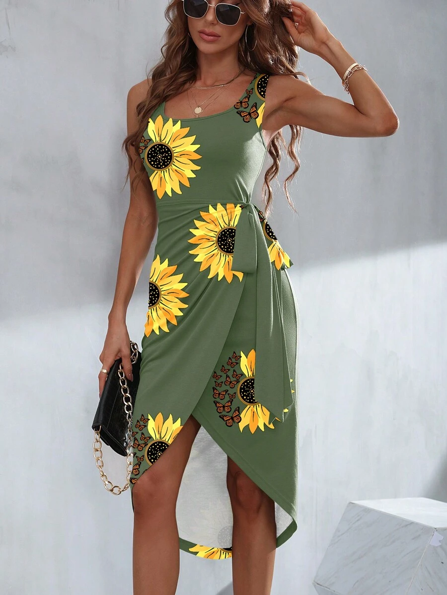 SHEIN Clasi Đầm Maxi In Hoa Hướng Dương Viền Quấn Cho Nữ - xanh quân đội - Xem 1