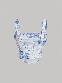 SHEIN MOD Figure & Tree Print Bow Front Wide Straps Top - Blue and White - View 2