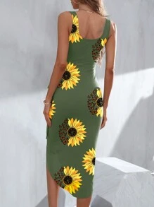 SHEIN Clasi Đầm Maxi In Hoa Hướng Dương Viền Quấn Cho Nữ - xanh quân đội - Xem 2