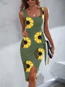 SHEIN Clasi Đầm Maxi In Hoa Hướng Dương Viền Quấn Cho Nữ - xanh quân đội - Xem 3