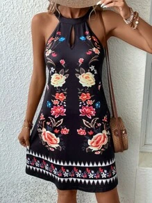 SHEIN LUNE Floral Print Keyhole Neckline Halter Dress - Black - View 1
