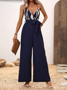 SHEIN LUNE In sọc Thắt lưng Bộ áo liền quần Cami - Màu xanh hải quân - Xem 4