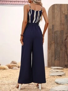 SHEIN LUNE In sọc Thắt lưng Bộ áo liền quần Cami - Màu xanh hải quân - Xem 2