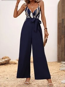 SHEIN LUNE In sọc Thắt lưng Bộ áo liền quần Cami - Màu xanh hải quân - Xem 1