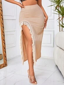 Slaydiva 蕾絲拼接荷葉邊高衩半身裙 - 杏色 - 查看 1