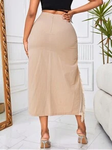 Slaydiva 蕾絲拼接荷葉邊高衩半身裙 - 杏色 - 查看 2