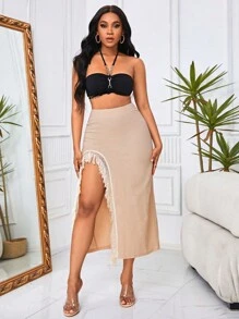 Slaydiva 蕾絲拼接荷葉邊高衩半身裙 - 杏色 - 查看 3