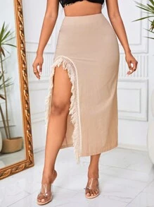 Slaydiva 蕾絲拼接荷葉邊高衩半身裙 - 杏色 - 查看 6