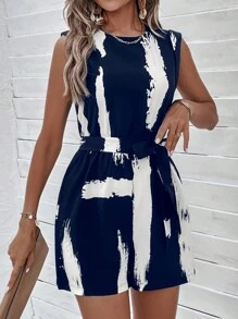 SHEIN LUNE 筆刷圖案腰帶背心連體短褲 - 藏蓝色 - 查看 3