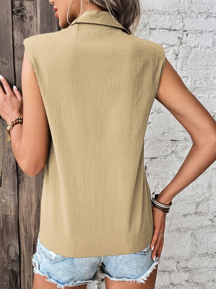 SHEIN LUNE Áo sơ mi nữ Nút phía trước màu trơn Giải trí - Màu be - Xem 2